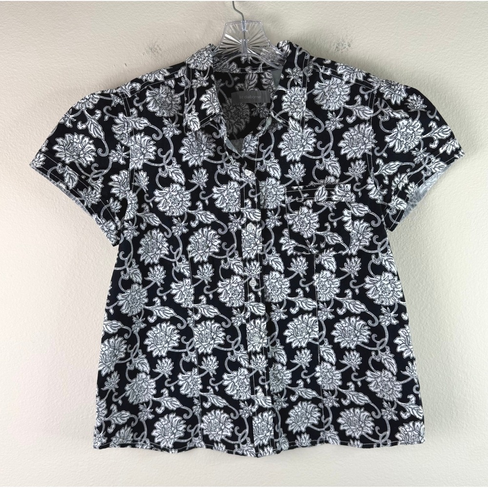 Liz Claiborne Shirt Womens Large Black White Floral Button Down Short Sleeve Top